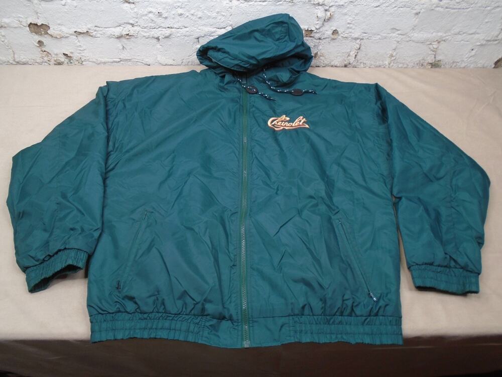 Vintage 90s Chevorlet Green Full Zip Windbreaker Fleece Lined Jacket Hooded XL
